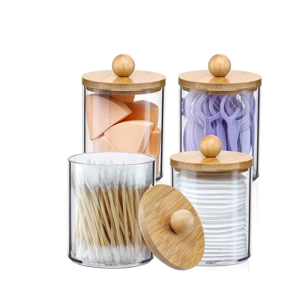 4 Pack Qtip Holder Dispenser with Bamboo Lids Clear Plastic Bathroom Storage